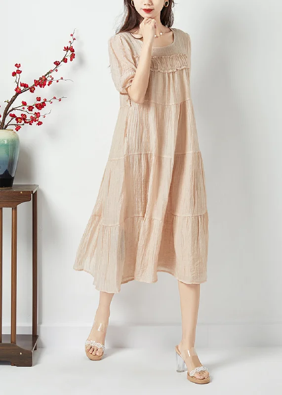 chic dresschic dressSimple Beige O-Neck Patchwork Wrinkled Linen Silk Long Dress Summer