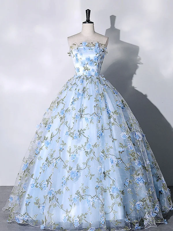 vintage dressvintage dressStrapless Blue Lace Floral Long Prom Dresses, Blue Formal Evening Dresses with Appliques, Floral Ball Gown SP2557