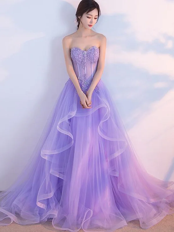 One-DAY Sale Elegant Strapless Open Back Purple Lace Long Prom Dresses, Purple Lace Formal Evening Dresses, Purple Ball Gown SP2233