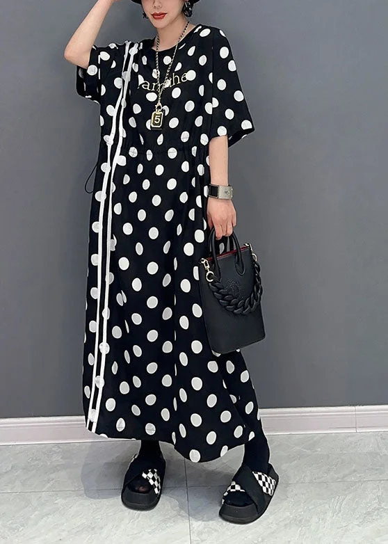 Price Reduction Modern Black Oversized Dot Print Cotton Cinched Dresses Summer