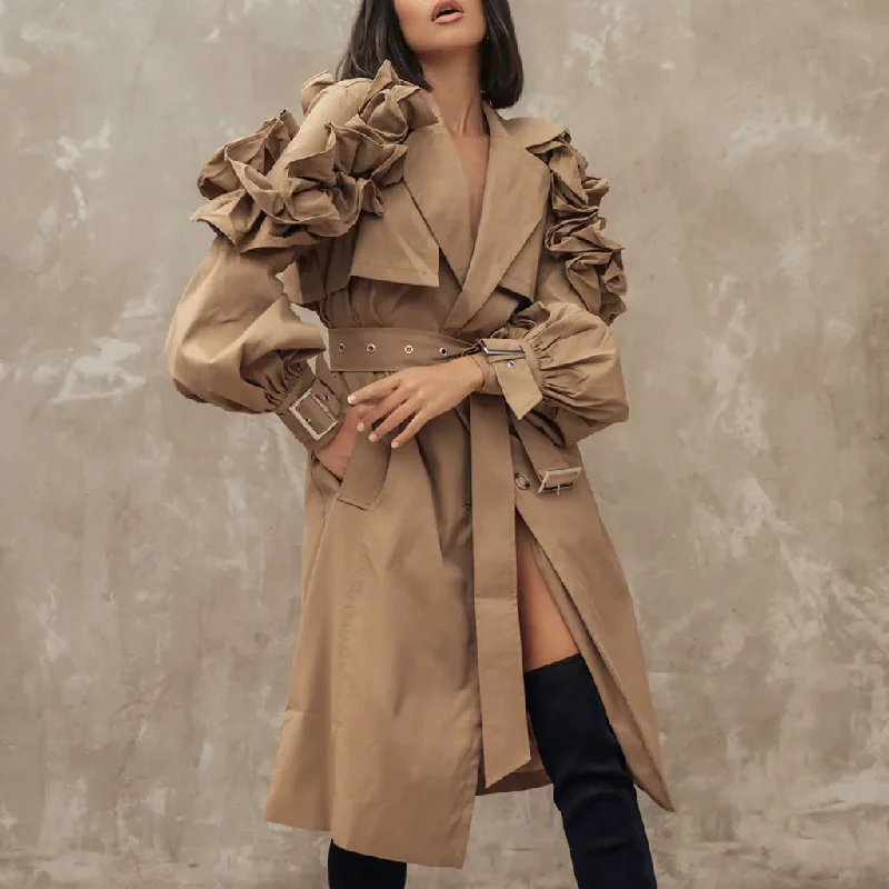 Deal Dash Dramatic Ruffle Shoulder Puff Sleeve Button Down Belted Trench Coat - Khaki Deal Dash Dramatic Ruffle Shoulder Puff Sleeve Button Down Belted Trench Coat - Khaki