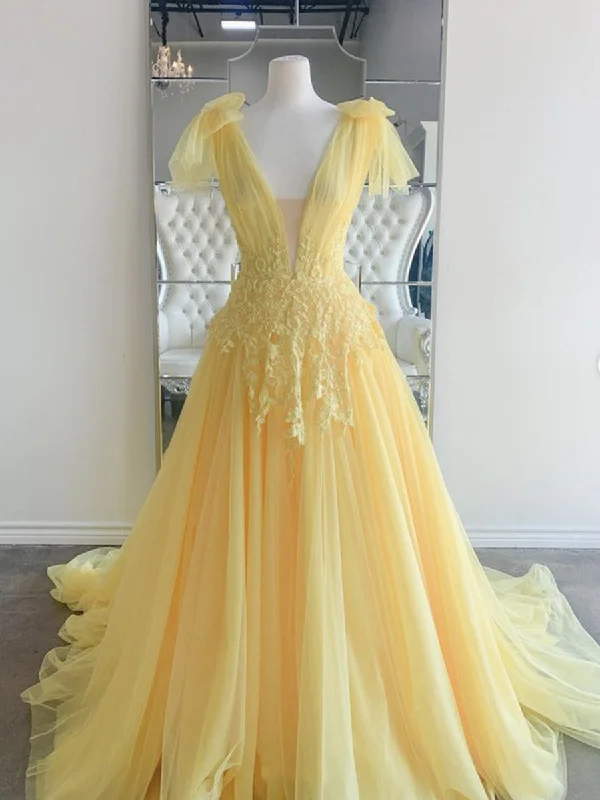 Discount Extravaganza Elegant V Neck and V Back Yellow Lace Long Prom Dresses, Yellow Lace Formal Graduation Evening Dresses