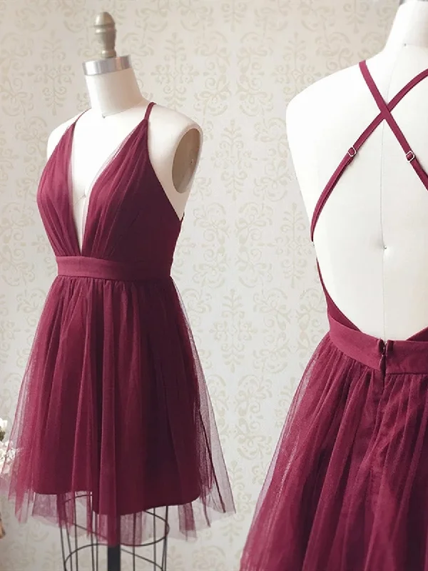 Flash Sale Simple V Neck Backless Burgundy Short Prom Dresses Homecoming Dresses, Burgundy Backless Formal Graduation Evening Dresses