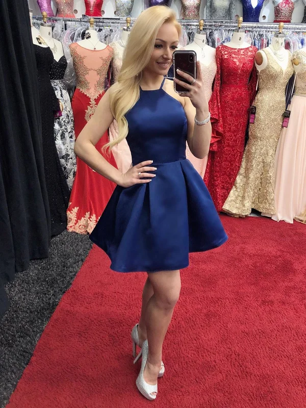 off-shoulder dressoff-shoulder dressCute A Line Blue Satin Short Prom Homecoming Dresses, Short Blue Formal Graduation Evening Dresses SP2080