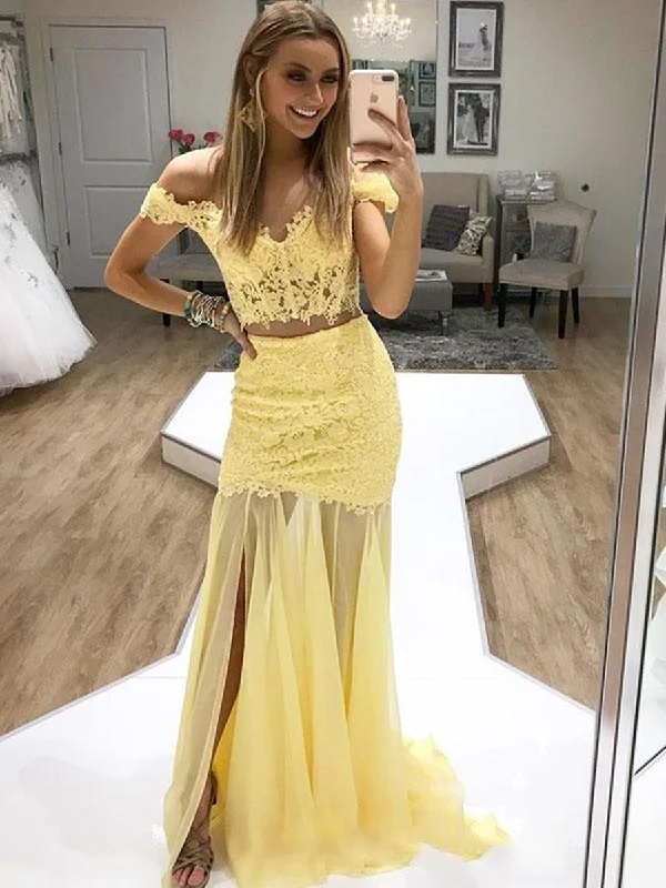Unbeatable Prices Two Pieces Off Shoulder Mermaid Lace Yellow Prom Dresses with Slit, Off Shoulder Mermaid Formal Dresses, Yellow Lace Evening Dresses Unbeatable Prices Two Pieces Off Shoulder Mermaid Lace Yellow Prom Dresses with Slit, Off Shoulder Mermaid Formal Dresses, Yellow Lace Evening Dresses