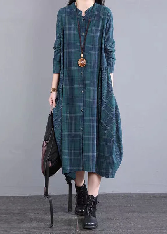 Daily Deals Blue Plaid Pockets Cotton Shirts Dress Stand Collar Fall
