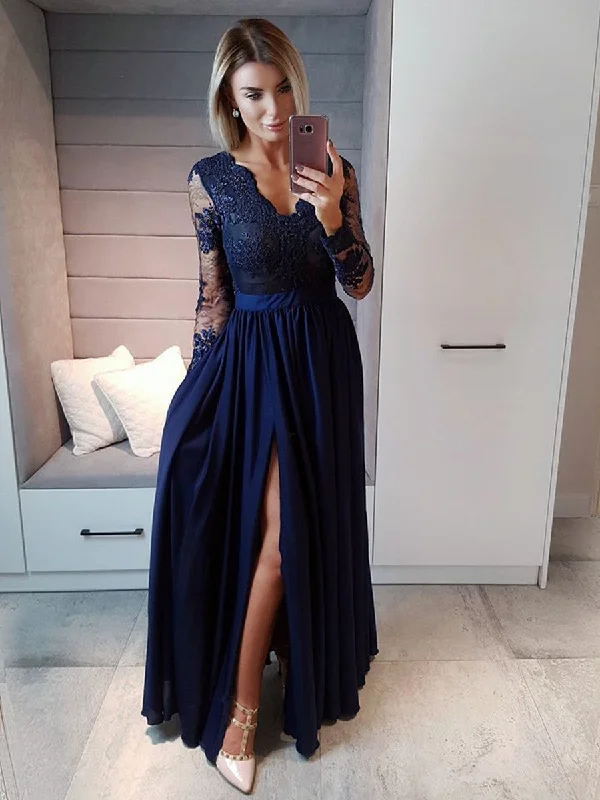 boho-chic dressboho-chic dressNavy Blue Long Sleeves Beaded Lace Long Prom Dresses with High Slit, Long Sleeve Navy Blue Formal Dresses, Lace Evening Dresses