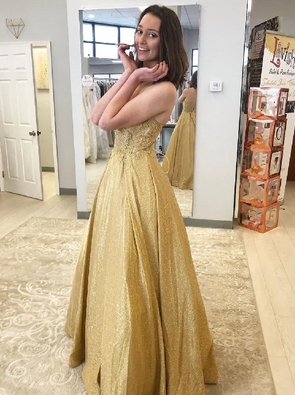 Savings Spectacular A Line V Neck Golden Lace Long Prom Dresses, Shiny Open Back Golden Lace Formal Evening Dresses Savings Spectacular A Line V Neck Golden Lace Long Prom Dresses, Shiny Open Back Golden Lace Formal Evening Dresses