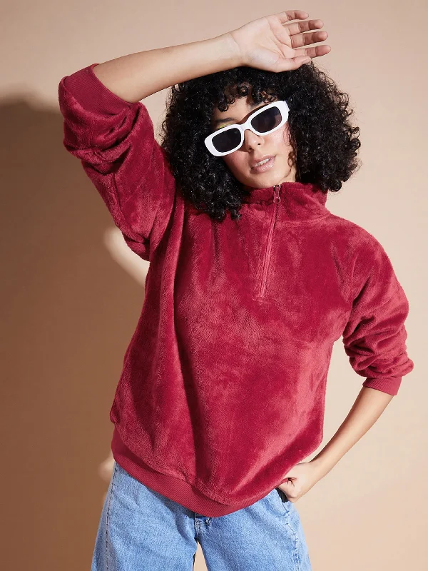 Massive Deals Women Maroon Front Zipper High Neck Sweatshirt