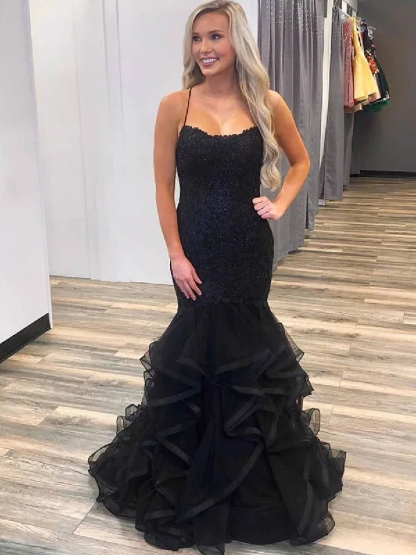 Super Sale Elegant Mermaid Puffy Black Lace Long Prom Dresses, Mermaid Lace Black Formal Dresses, Lace Black Evening Dresses