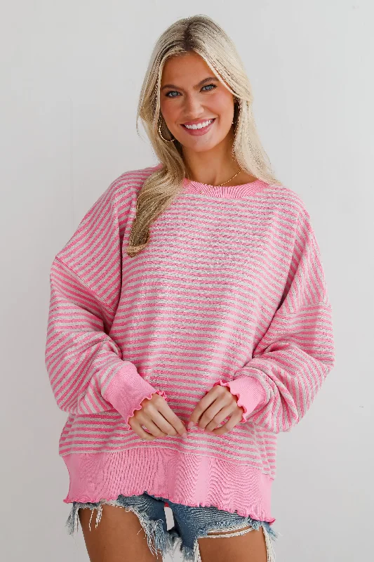 sleek workout sweatshirtCharismatic Comfort Pink Striped Oversized Pullover