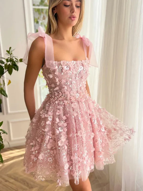 casual evening dresscasual evening dressCute A Line Pink Lace Floral Prom Dresses, Beaded Pink Homecoming Dresses, Short Pink Formal Evening Dresses with 3D Flowers SP2964