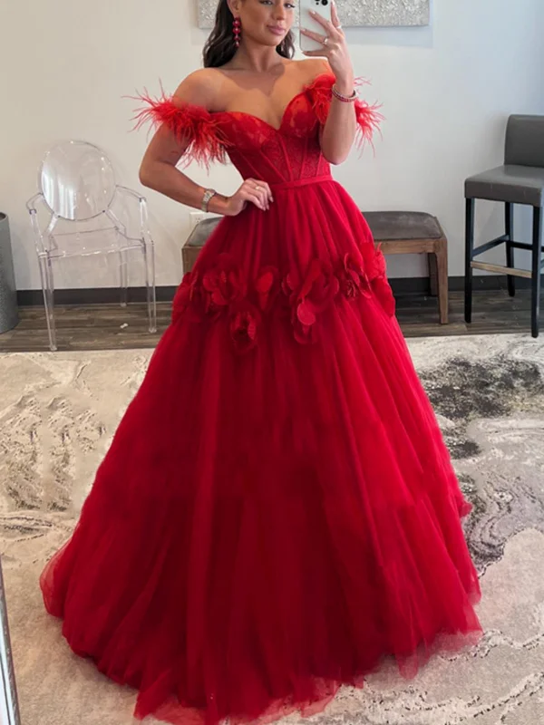 evening dressevening dressOff Shoulder Red Tulle Floral Long Prom Dresses, Off the Shoulder Formal Evening Dresses, Red Ball Gown SP2631