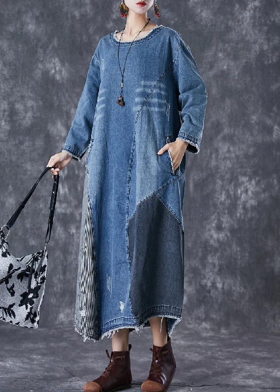 Crazy Deals Art Blue Oversized Patchwork Denim Long Dress Fall