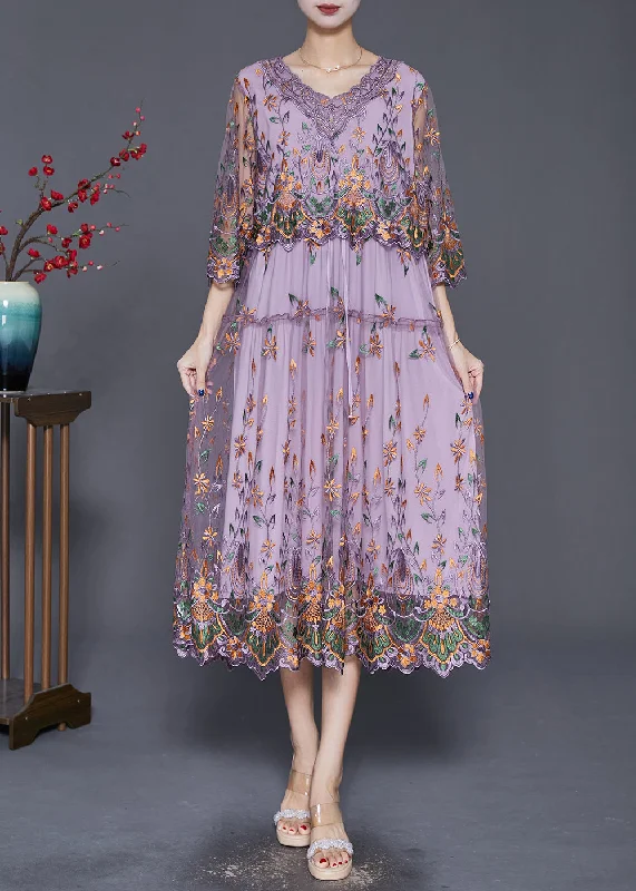 Deal Mania Vintage Purple Embroideried Cinched Tulle Long Dress Bracelet Sleeve