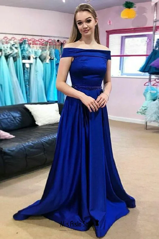 one-shoulder dressone-shoulder dressA line Off Shoulder Sleeve Royal Blue Prom Dress