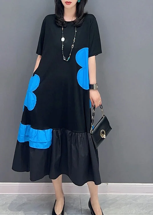 Final Markdown Style Black Patchwork Blue O-Neck Print Vacation Long Dresses Summer