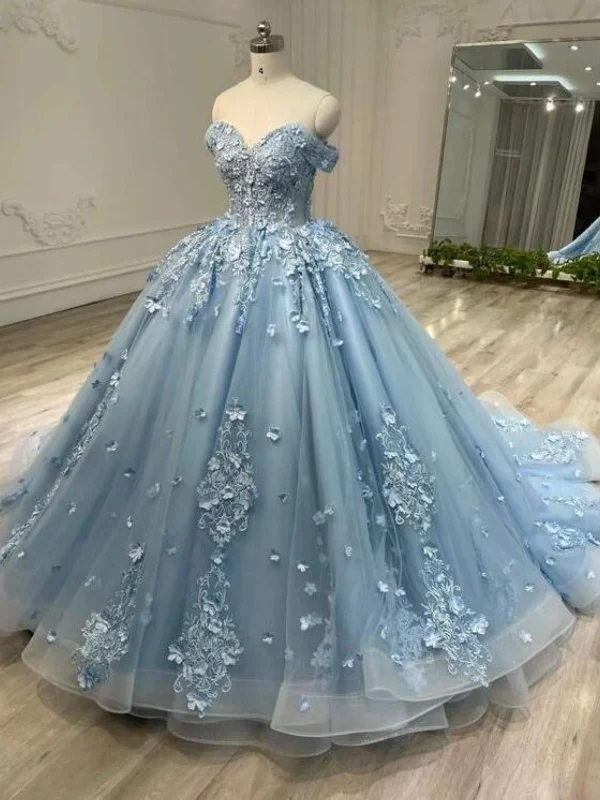 trendy mini dresstrendy mini dressOff Shoulder Dusty Blue Lace Floral Long Prom Dresses, Dusty Blue Formal Evening Dresses, Floral Ball Gown SP2898