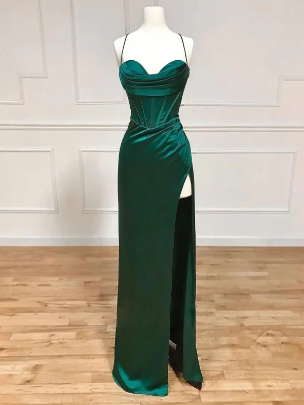 long sleeve dresslong sleeve dressSweetheart Neck Green Satin Long Prom Dresses with High Slit, Long Green Formal Graduation Evening Dresses SP2607