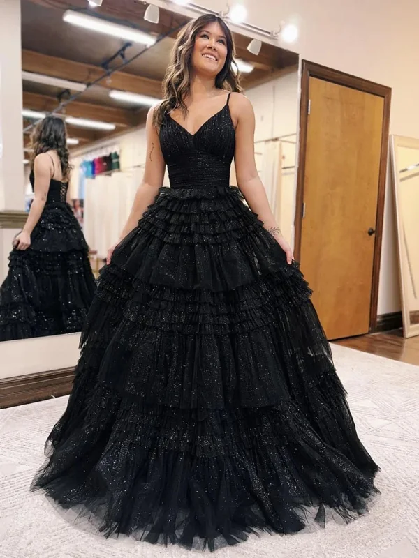 relaxed fit dressrelaxed fit dressShiny V Neck Open Back Black Tulle Long Prom Dresses, V Neck Black Formal Evening Dresses SP2757