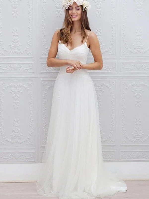 Price Break A Line V Neck Spaghetti Straps Backless White Tulle Wedding Dresses, Backless White Prom Dresses Price Break A Line V Neck Spaghetti Straps Backless White Tulle Wedding Dresses, Backless White Prom Dresses