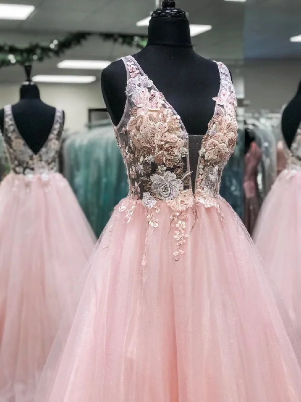 Friends and Family Sale Deep V Neck and V Back Pink Lace Floral Long Prom Dresses, Pink Lace Floral Formal Evening Dresses Friends and Family Sale Deep V Neck and V Back Pink Lace Floral Long Prom Dresses, Pink Lace Floral Formal Evening Dresses