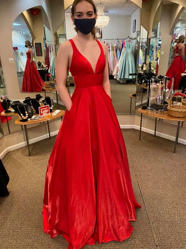 Hurry In A Line V Neck Red Satin Long Prom Dresses with Pocket, V Neck Red Formal Graduation Evening Dresses SP2356 Hurry In A Line V Neck Red Satin Long Prom Dresses with Pocket, V Neck Red Formal Graduation Evening Dresses SP2356