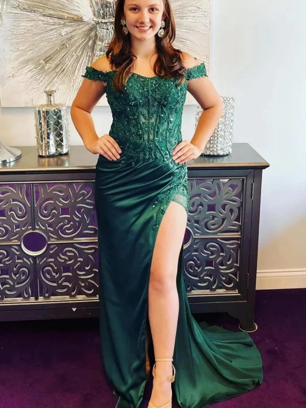 summer dresssummer dressOff Shoulder Beaded Mermaid Green Lace Long Prom Dresses with High Slit, Mermaid Green Formal Dresses, Green Evening Dresses with Train SP2789