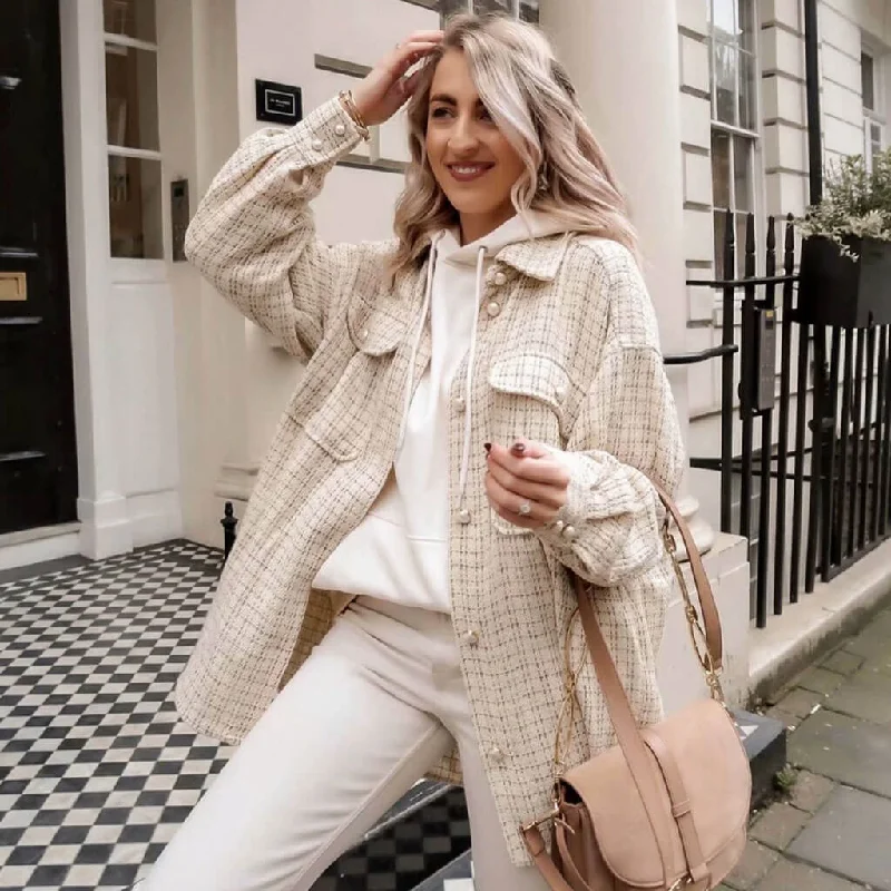 Online Specials Fashion Gingham Pearl Button Balloon Sleeve Tweed Shirt Jacket - Beige Online Specials Fashion Gingham Pearl Button Balloon Sleeve Tweed Shirt Jacket - Beige