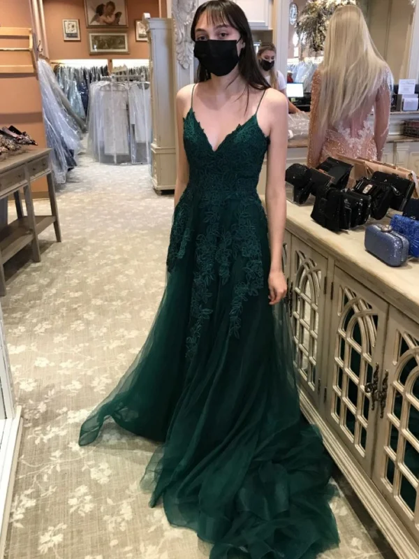 spaghetti strap dressspaghetti strap dressA Line V Neck Green Lace Long Prom Dresses, Green Lace Formal Dresses, Green Evening Dresses SP2583