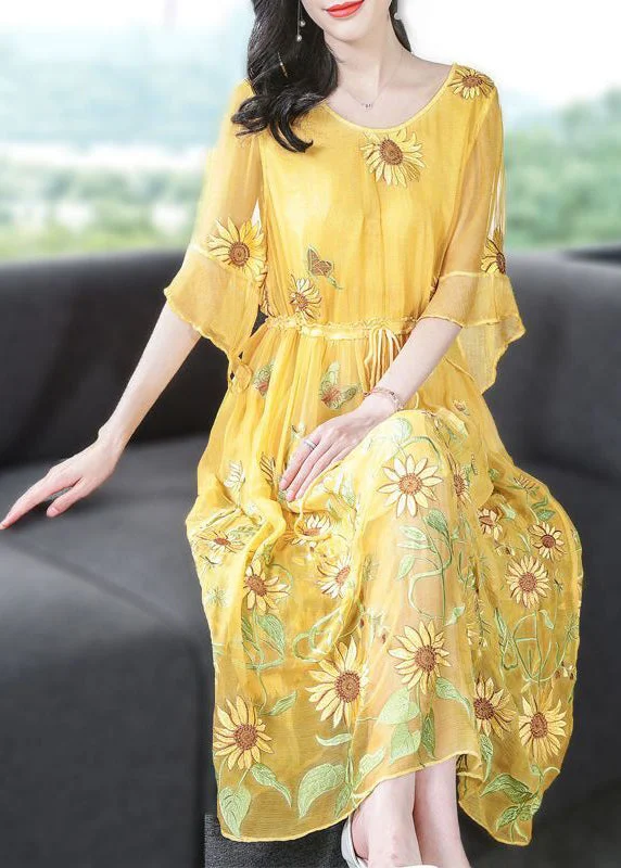 satin dresssatin dressStylish Yellow Embroideried Silk Cinched Dress Flare Sleeve