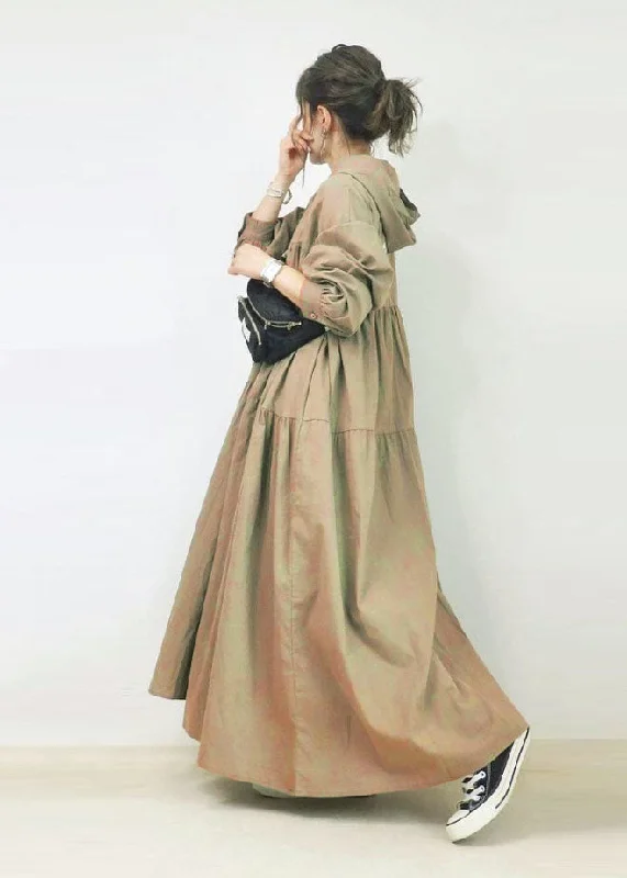 elegant shift dresselegant shift dressFrench Khaki Hooded Oversized Wrinkled Cotton Long Dresses Spring