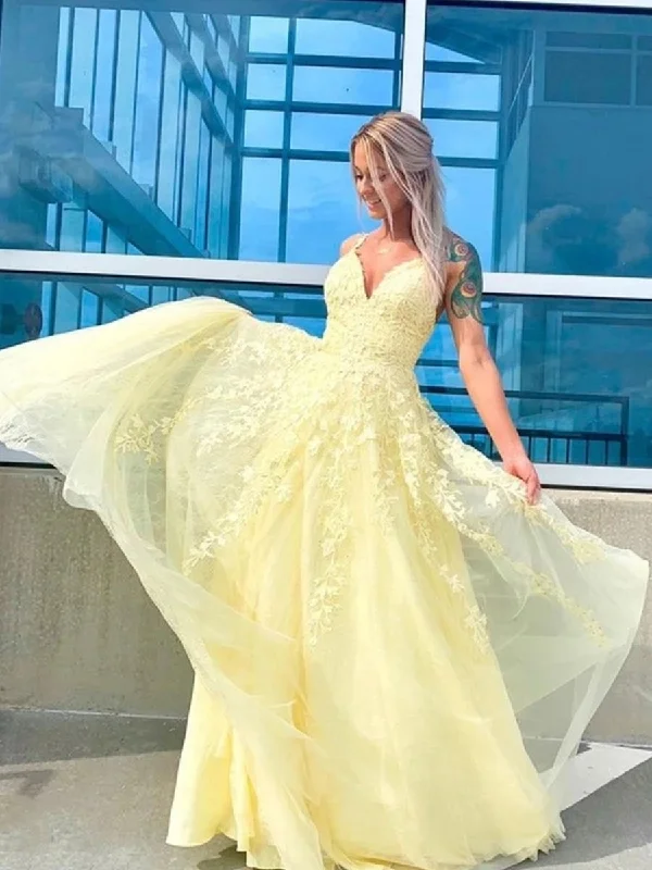 Unbeatable Prices A Line V Neck Tulle Yellow Lace Long Prom Dresses, V Neck Yellow Lace Formal Dresses, Yellow Lace Evening Dresses Unbeatable Prices A Line V Neck Tulle Yellow Lace Long Prom Dresses, V Neck Yellow Lace Formal Dresses, Yellow Lace Evening Dresses
