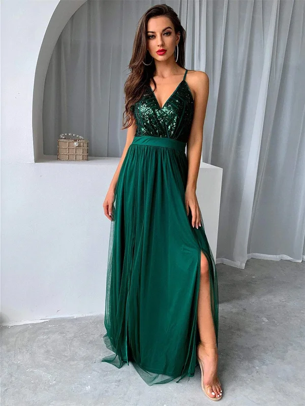 Deal Zone V Neck Backless Green Long Prom Dresses with Sequins Top, Backless Green Formal Graduation Evening Dresses SP2398