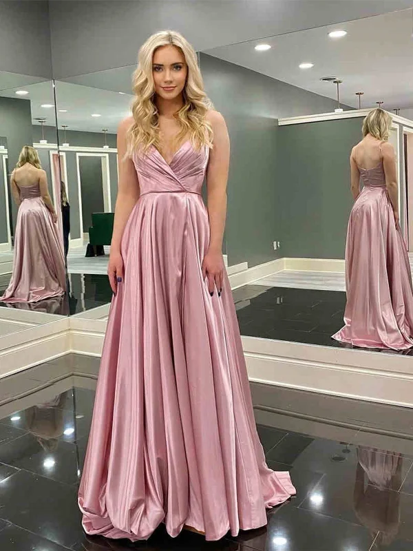 Don't Wait A Line V Neck Backless Pink Long Prom Dresses, V Neck Pink Formal Graduation Evening Dresses SP2312 Don't Wait A Line V Neck Backless Pink Long Prom Dresses, V Neck Pink Formal Graduation Evening Dresses SP2312