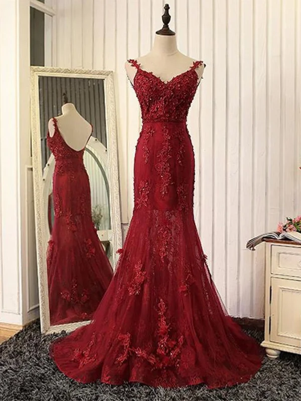 Daily Specials V Neck Mermaid Backless Burgundy Lace Tulle Long Prom Dresses with Train, Burgundy Lace Formal Dresses, Burgundy Evening Dresses Daily Specials V Neck Mermaid Backless Burgundy Lace Tulle Long Prom Dresses with Train, Burgundy Lace Formal Dresses, Burgundy Evening Dresses