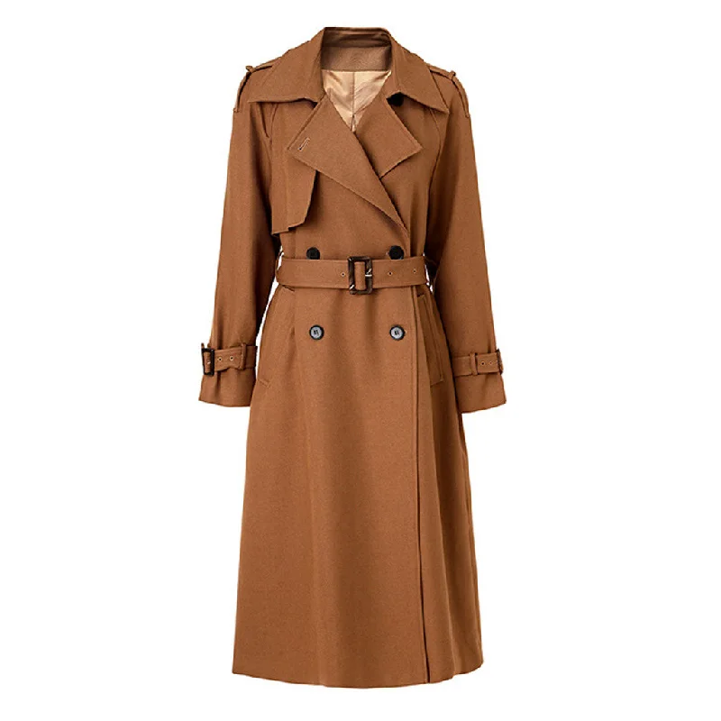 Special Offer Classic Spread Collar Double Breasted Belted Wool Blend Trench Coat