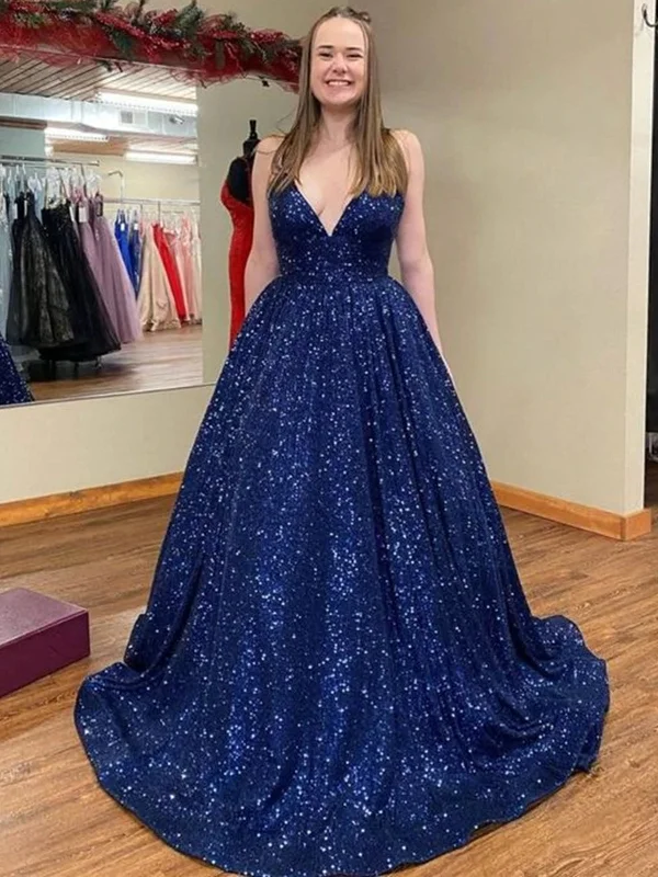 Sale Event Shiny V Neck Navy Blue Long Prom Dresses, Sparkly Navy Blue Formal Evening Dresses, Ball Gown SP2333