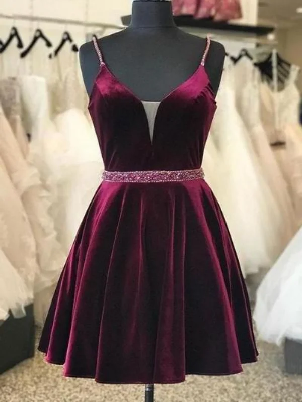 off-shoulder dressoff-shoulder dressA Line V Neck Beaded Burgundy Velvet Prom Dresses, Burgundy Homecoming Dresses, Short Maroon Formal Evening Dresses with Belt SP2472