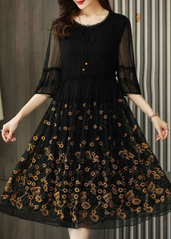 Bargain Prices Modern Black Embroideried Chiffon Cinched Dress Summer