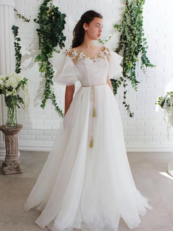 Limited Quantity Round Neck Flared Sleeves 3D Flower White Long Prom Dresses, Long Floral White Formal Evening Dresses Limited Quantity Round Neck Flared Sleeves 3D Flower White Long Prom Dresses, Long Floral White Formal Evening Dresses