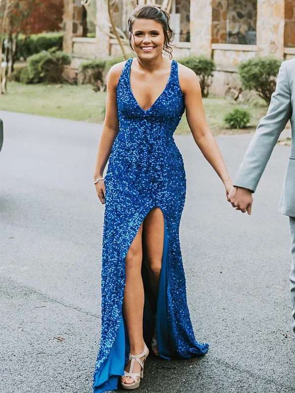 elegant dresselegant dressMermaid V Neck Open Back Blue Sequins Long Prom Dresses, High Slit Mermaid Blue Formal Dresses, Shiny Sequins Blue Evening Dresses SP2227