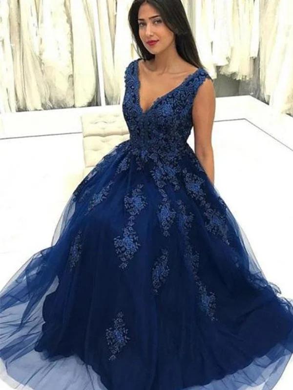 Last Chance V Neck Navy Blue Lace Long Prom Dresses, Navy Blue Lace Formal Dresses, Lace Floral Evening Dresses SP271