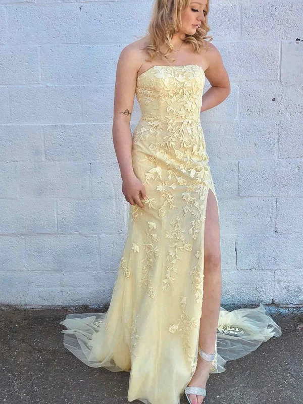 Lowest Price Strapless Open Back Yellow Tulle Lace Long Prom Dresses, Yellow Lace Formal Graduation Evening Dresses with High Slit SP2263
