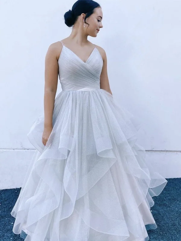 Today's Special V Neck Fluffy Light Gray Long Prom Dresses, V Neck Light Gray Formal Evening Dresses, Light Gray Ball Gown SP2099