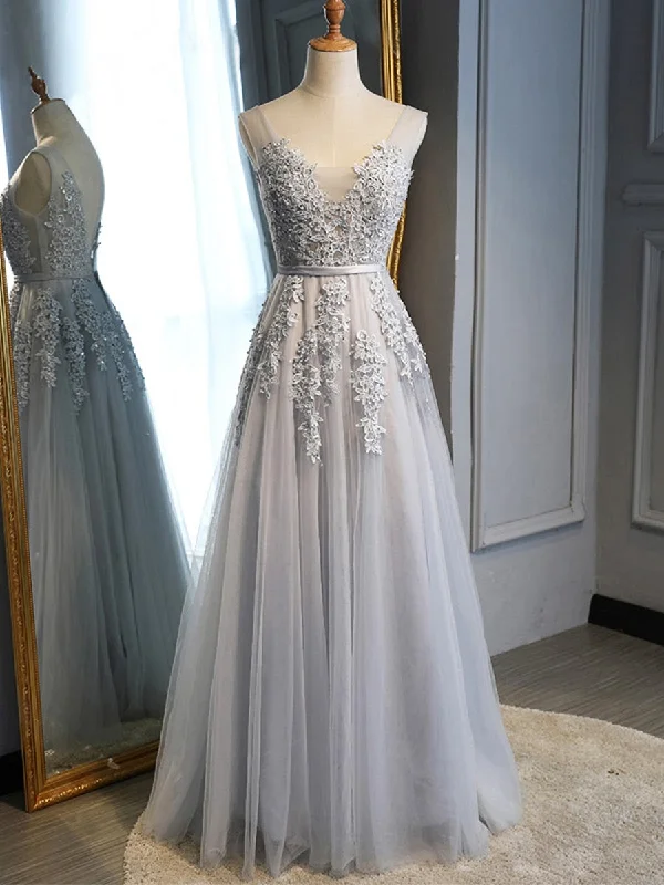 Epic Deals V Neck Backless Gray Lace Long Prom Dresses, Gray Lace Formal Graduation Evening Dresses, Gray Bridesmaid Dresses