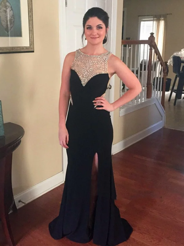 Super Deal A Line Round Neck Beaded Black Prom Dresses, Black Formal Dresses, Evening Dresses Super Deal A Line Round Neck Beaded Black Prom Dresses, Black Formal Dresses, Evening Dresses