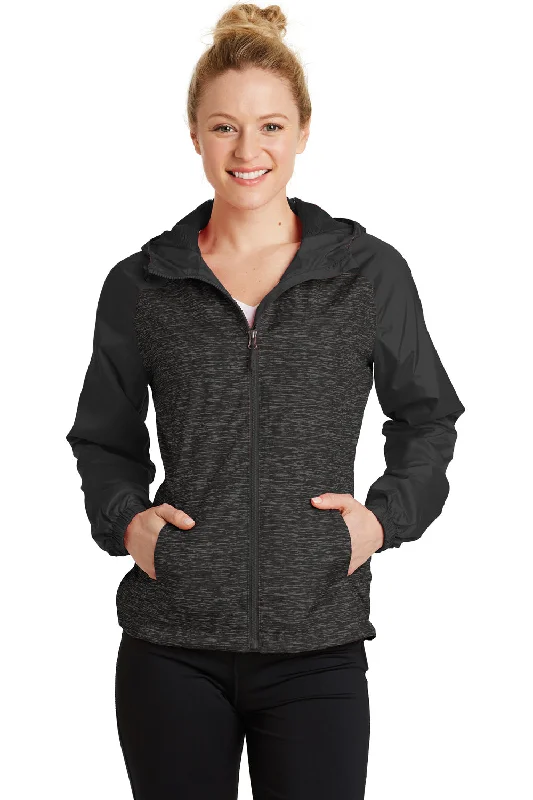 Closeout Sport-Tek Womens Wind & Water Resistant Full Zip Hooded Jacket - Heather Black/Black - Closeout
