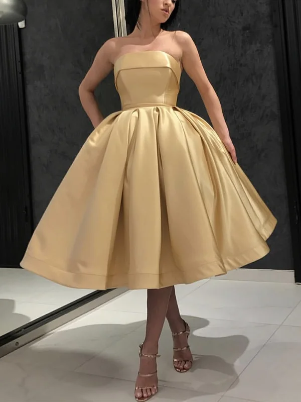 Extra Savings Strapless Tea Length Golden Prom Dresses, Strapless Golden Homecoming Dresses, Golden Cocktail Dresses, Golden Tea Length Formal Dresses