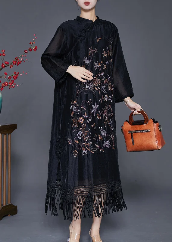 Shop and Save Fitted Black Embroideried Tasseled Linen Silk Ankle Dress Fall